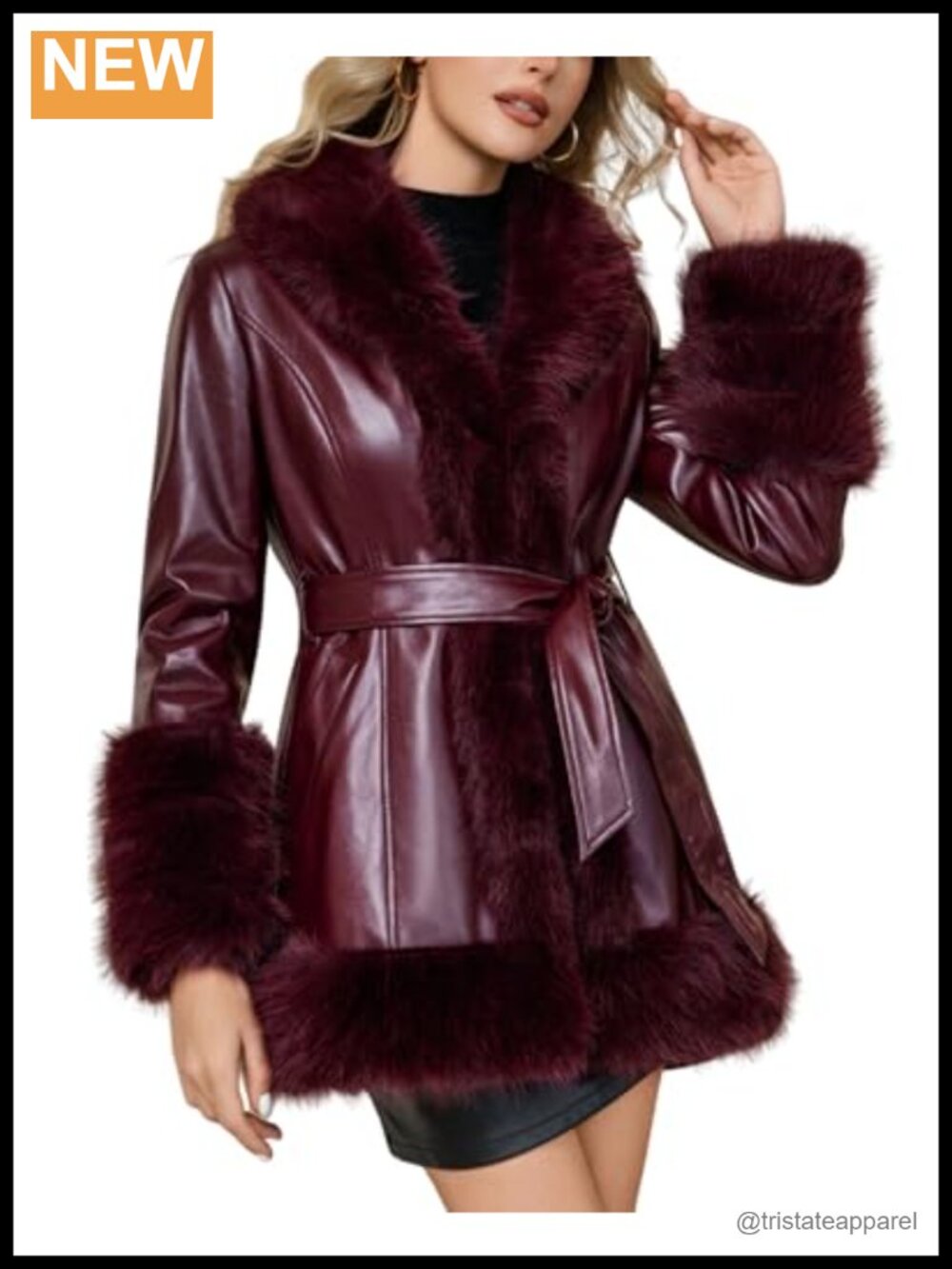 Faux Fur Leather Jacket Fur Lined Parka Belted Overcoat